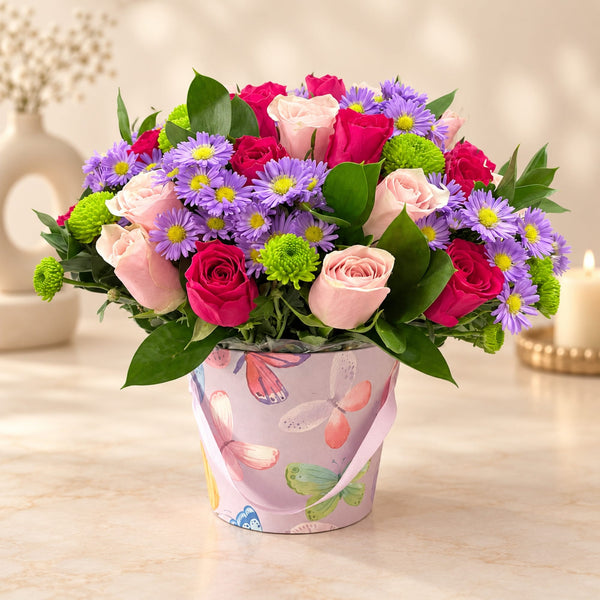 Blooms & Gifts Butterfly Kiss Pink Rose & Aster Bucket Box