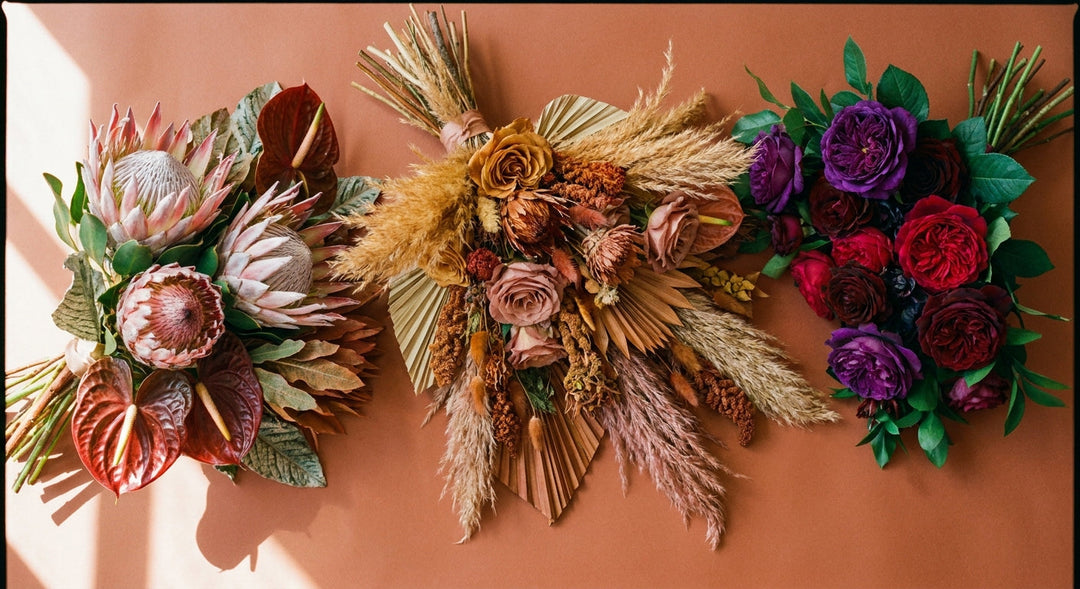 An editorial flat-lay of three distinct floral arrangements featuring sculptural tropical blooms, dried pampas grass, and bold jewel-toned roses on a warm terracotta surface bathed in soft natural light.