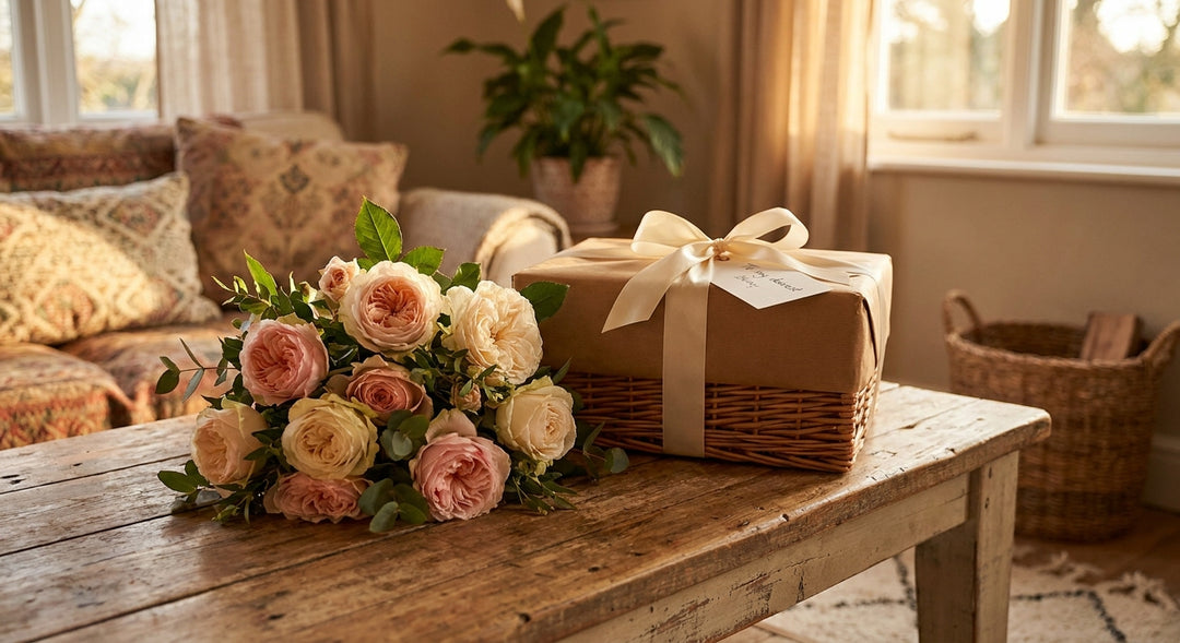 A soft pink and white rose bouquet resting beside a wrapped gift hamper on a warm wooden surface in golden afternoon light.