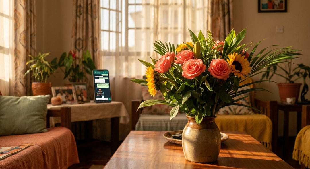 A vibrant birthday flower bouquet bathed in warm golden light on a wooden surface inside a Nairobi home, with a softly glowing smartphone in the background suggesting a long-distance connection.