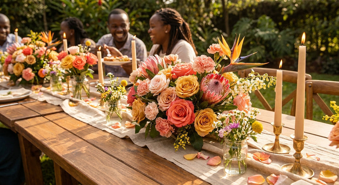 A warm, sunlit birthday party table decorated with fresh Kenyan flowers in coral, blush, and yellow tones, surrounded by lush greenery in an outdoor garden setting.