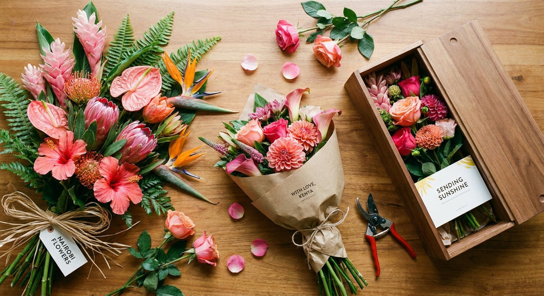 Three distinct fresh flower arrangements on a warm wooden surface representing market bunches, a florist-wrapped bouquet, and a boxed delivery arrangement in rich pinks, corals, and greens.