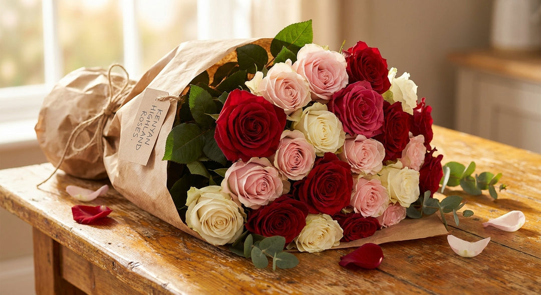 A lush bouquet of Kenyan roses in red, pink, and cream tones wrapped in kraft paper, resting on a warm wooden surface in soft golden light.