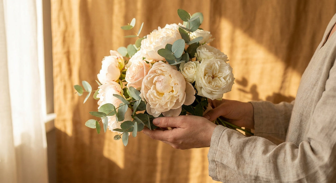 A woman's hands gently holding a lush bouquet of soft pink and white flowers in warm golden sunlight, evoking calm and emotional wellbeing.