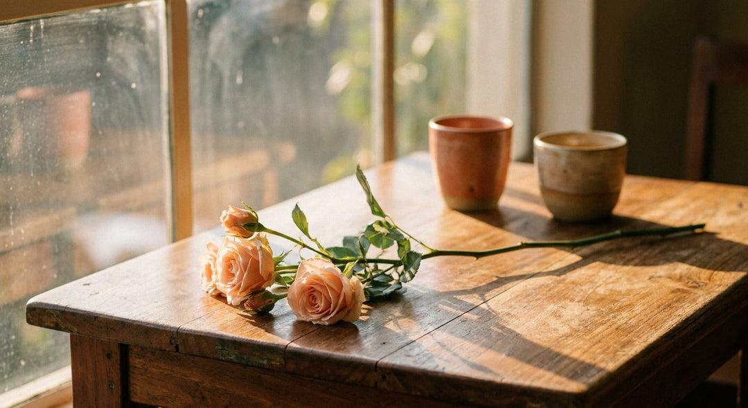 A single peach rose resting on a sunlit wooden café table with two blurred coffee cups in the background, evoking the warmth of a first date.