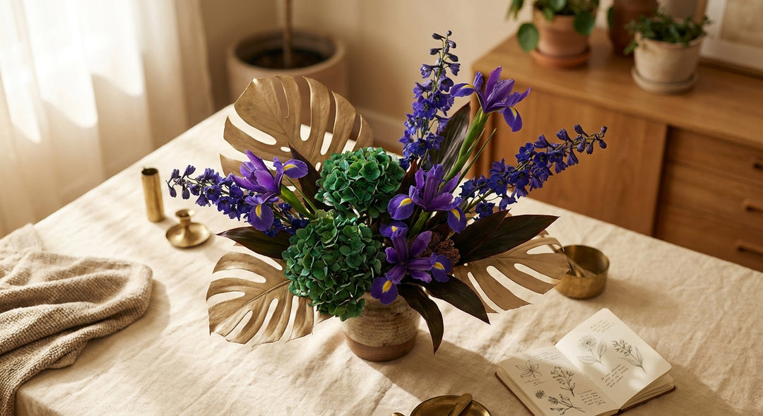 A sculptural bouquet of jewel-toned purple, blue, and green flowers arranged on a cream linen surface in warm natural light, representing Kenya's 2026 floral trends.