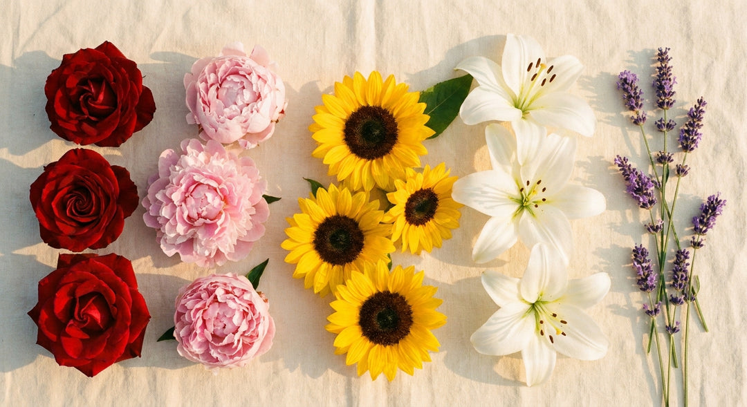 A curated flat lay of colorful individual flower blooms including red roses, pink peonies, yellow sunflowers, white lilies, and purple lavender arranged on a cream linen surface in soft natural light.