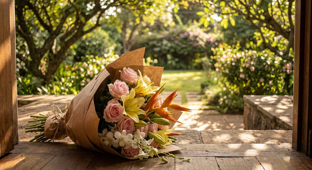 A fresh hand-tied bouquet of pink, yellow, and white flowers in kraft paper wrapping resting on a sunlit doorstep surrounded by lush garden greenery in Karen, Nairobi.
