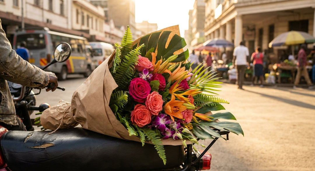 A colorful wrapped flower bouquet resting on a motorbike seat on a sunlit Nairobi street, ready for delivery.