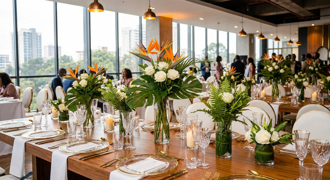 A beautifully decorated corporate event table with lush tropical floral centerpieces in a modern Nairobi venue bathed in warm golden light.
