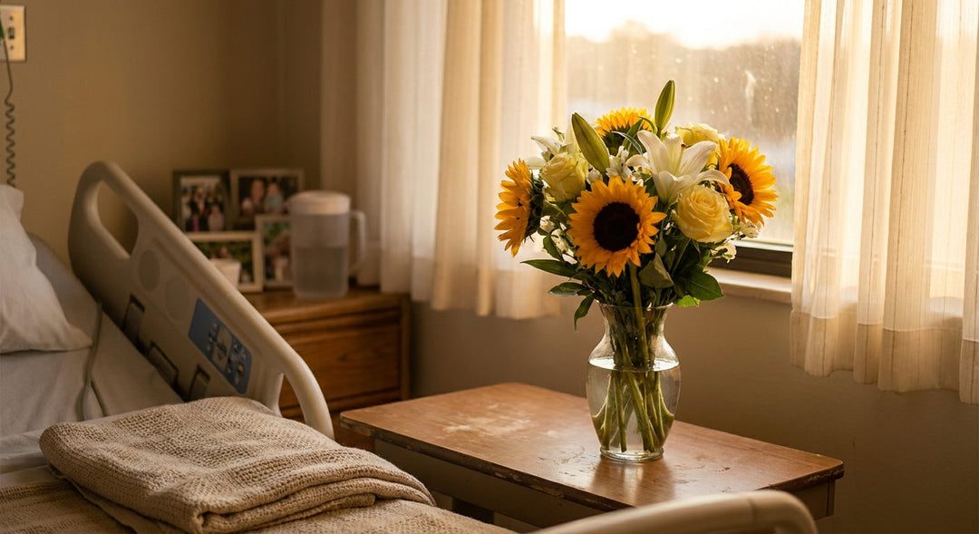A bright bouquet of sunflowers, white lilies, and yellow roses in a glass vase on a hospital bedside table bathed in warm natural light.
