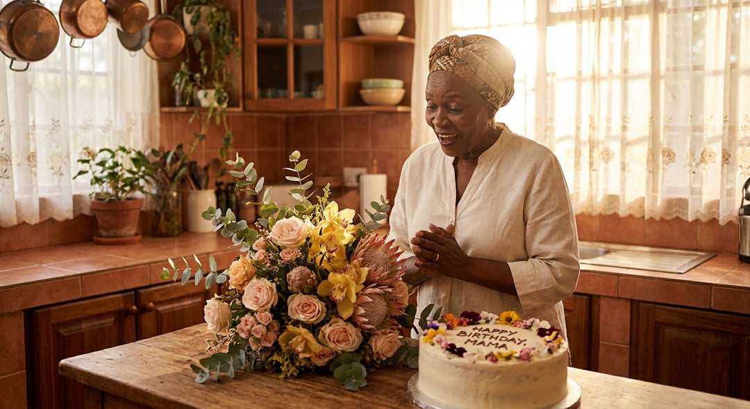 An older Kenyan woman smiling with joyful surprise as she discovers a lush floral bouquet and birthday cake on her kitchen table in warm afternoon light.