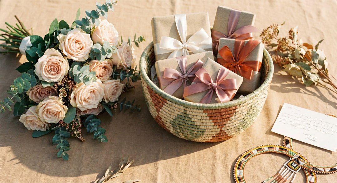 A warm flat lay of a lush bridal bouquet and a handwoven Kenyan gift basket wrapped in ribbon, bathed in soft golden light.