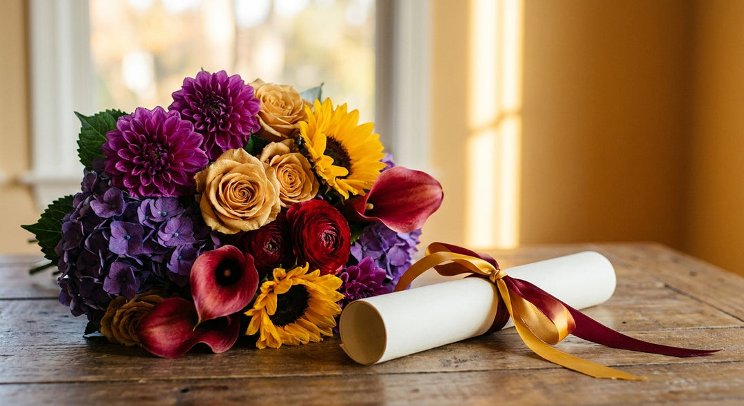 A vibrant bouquet of purple, gold, and red graduation flowers arranged beside a rolled diploma scroll on a warm wooden surface in soft golden light.