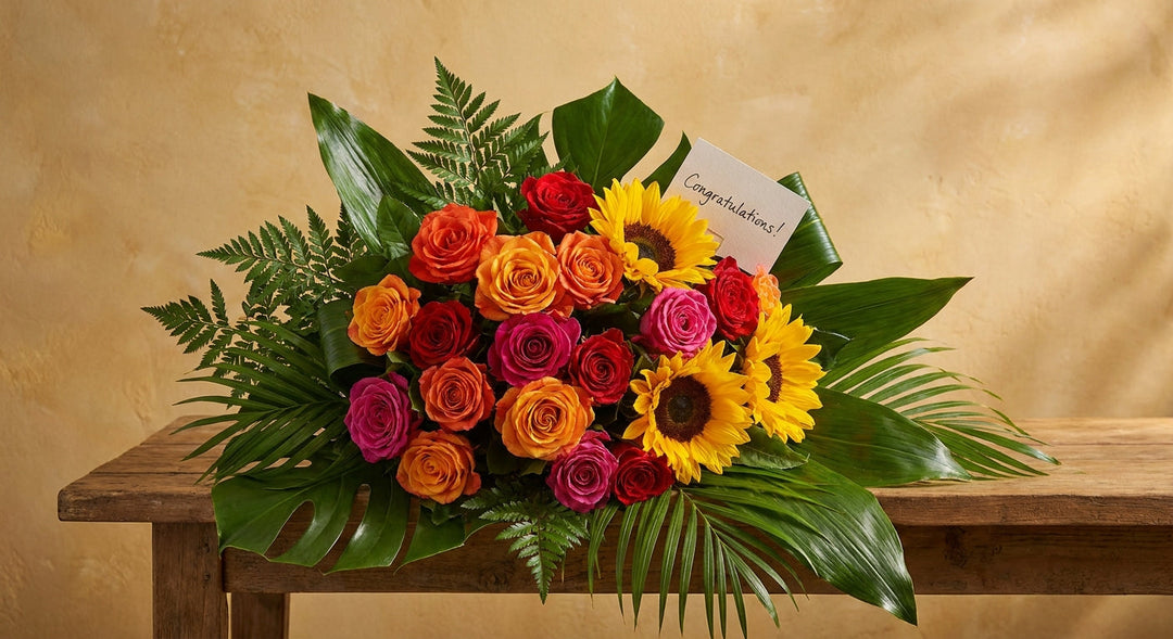 A vibrant graduation flower bouquet of roses, sunflowers, and lush greenery bathed in warm golden light against a soft background.
