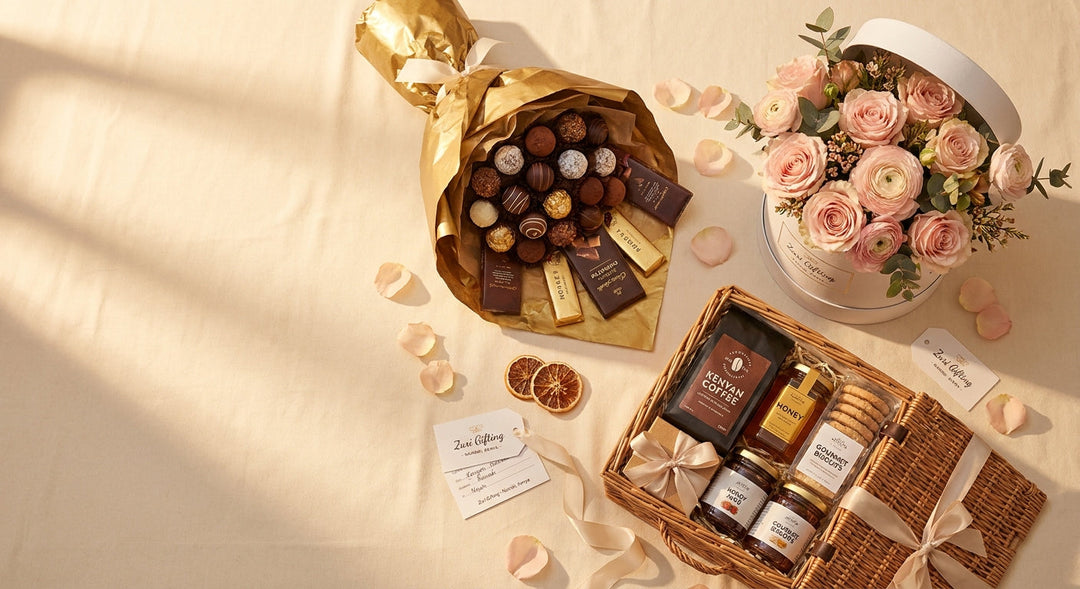A beautifully styled flat lay of luxurious gift alternatives including a chocolate bouquet, a blush rose flower box, and a curated hamper with gourmet treats, bathed in warm golden light.