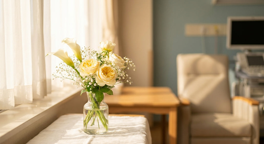 A delicate bouquet of white lilies and pale yellow roses bathed in warm golden sunlight near a bright window, evoking warmth, healing, and heartfelt care.