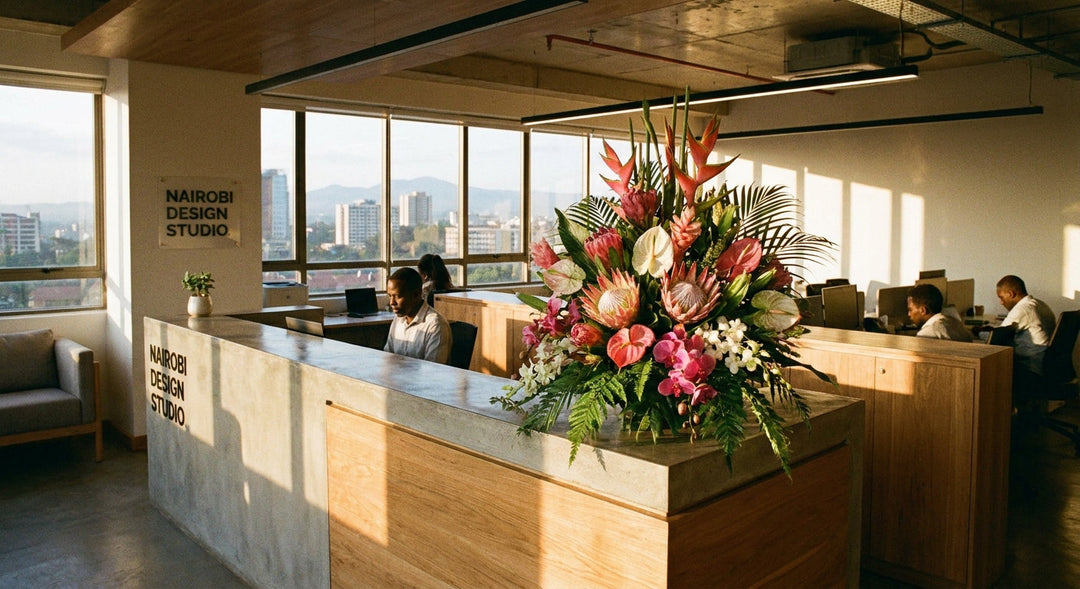 A vibrant tropical flower arrangement sitting on a modern office reception desk in warm natural light, bringing warmth and life to a professional Nairobi workspace.