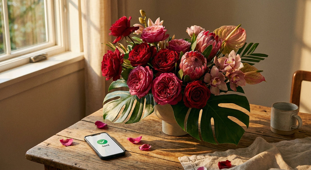 A vibrant flower bouquet beside a smartphone on a warm wooden surface, lit by soft golden light, evoking the ease of ordering flowers with a mobile payment in Nairobi.