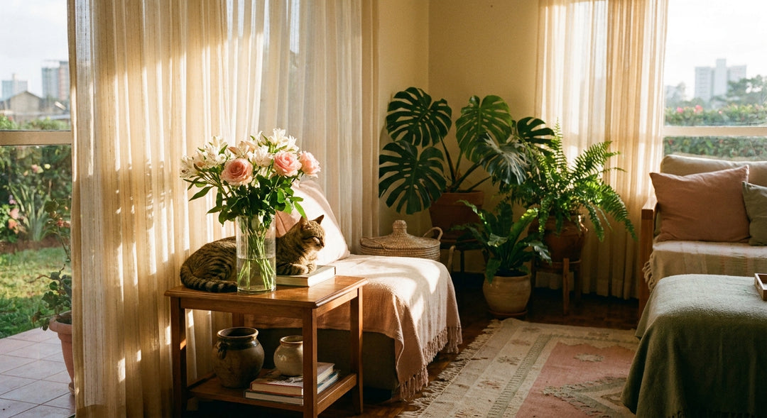 A calm tabby cat resting beside a pet-safe floral bouquet of pink roses and white flowers on a wooden table in a warm, sunlit living room.