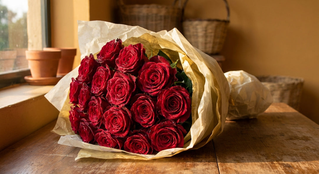 A close-up of fresh deep red Kenyan roses wrapped in soft tissue paper, glowing in warm golden light on a wooden surface.