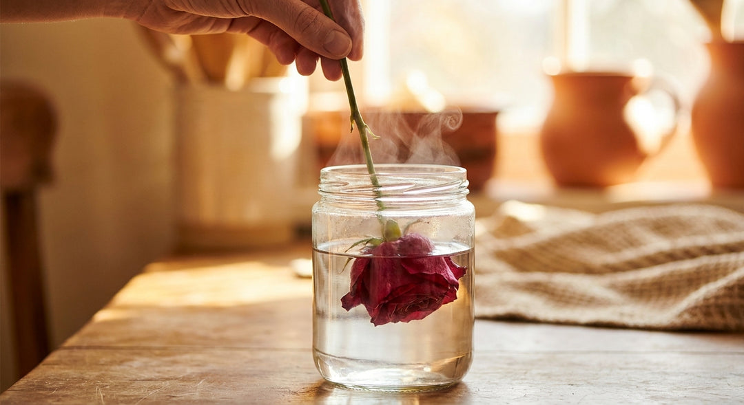 A wilting red rose being placed into a glass of steaming hot water on a warm wooden surface in soft golden light, symbolizing revival and renewal.