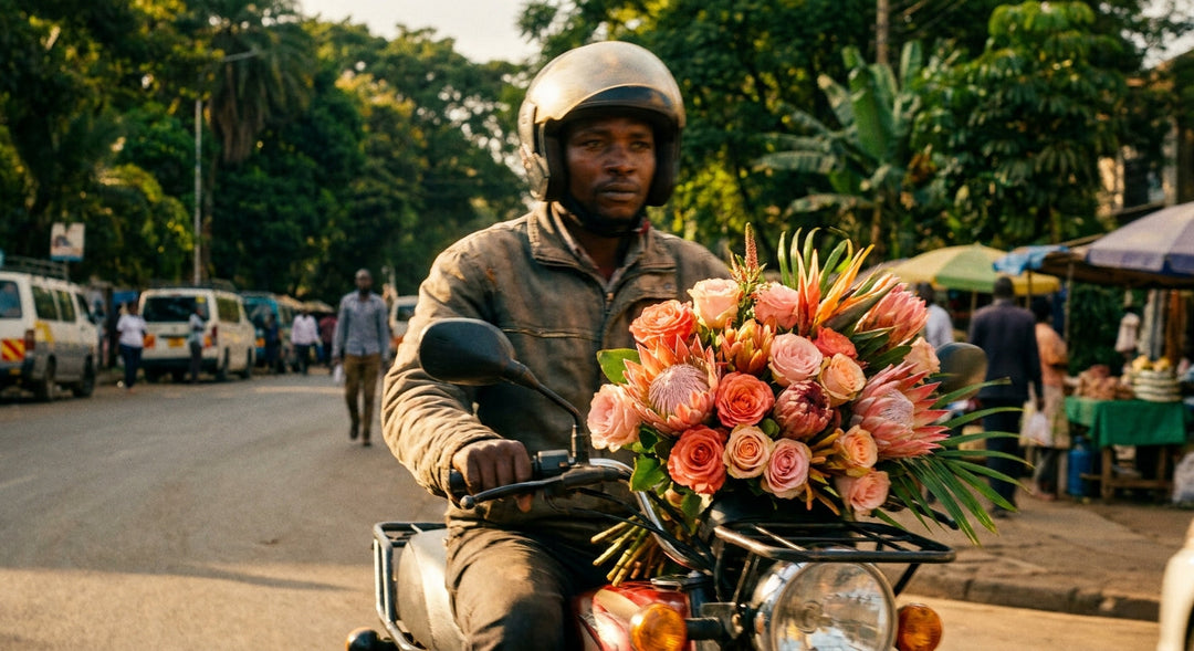 A delivery rider on a motorbike carries a vibrant bouquet of fresh flowers through a sunny Nairobi street, golden light catching the coral and pink petals.