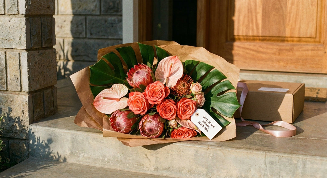 A fresh flower bouquet placed on a sunlit doorstep in Nairobi, evoking the feeling of a just-arrived floral delivery.