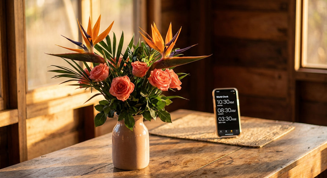A lush tropical flower bouquet bathed in warm morning sunlight sits beside a smartphone displaying world city time zones, symbolizing a perfectly timed flower delivery surprise across continents.