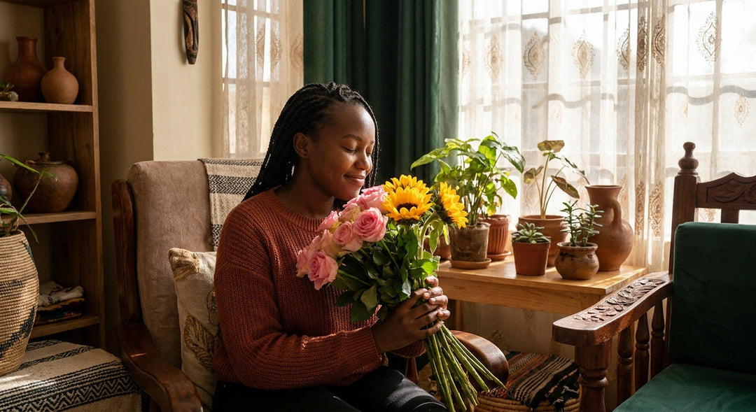 A young Kenyan woman holds a vibrant bouquet of roses and sunflowers close to her chest, eyes closed in peaceful contentment by a sunlit apartment window.