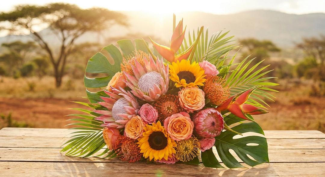 A lush, vibrant tropical flower bouquet bathed in warm golden sunlight on a wooden surface, evoking the joy of sending a celebratory gift to Kenya from abroad.