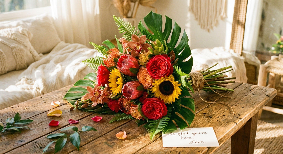 A lush, handcrafted bouquet of roses, sunflowers, and tropical greenery resting on a warm wooden surface in soft golden light.