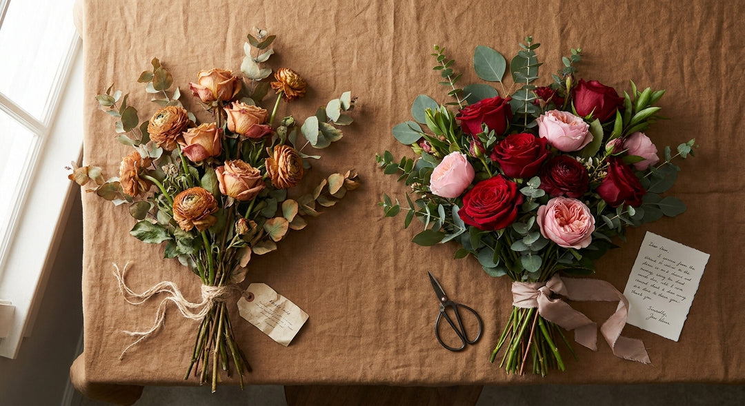 Two bouquets side by side on a linen surface — one wilting and faded, the other lush and vibrant in warm natural light, illustrating the contrast between low-quality and high-quality flowers.