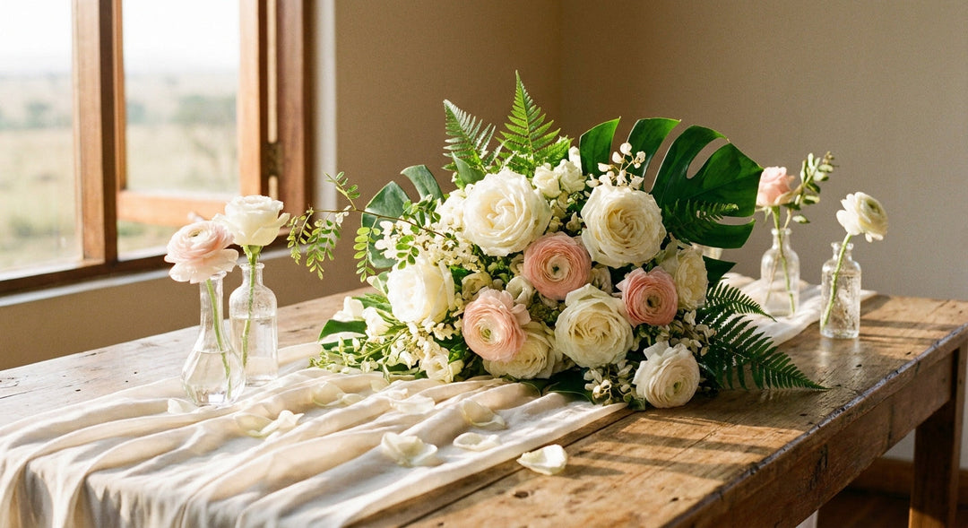 A lush bridal bouquet of white roses and blush flowers resting on a sunlit ivory linen-draped table surrounded by loose petals and small bud vases.