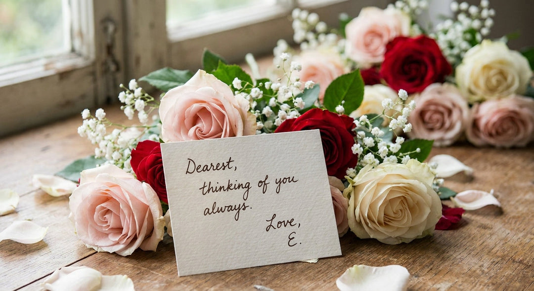 A handwritten flower card nestled against a lush bouquet of pink and red roses on a warm wooden surface in soft natural light.