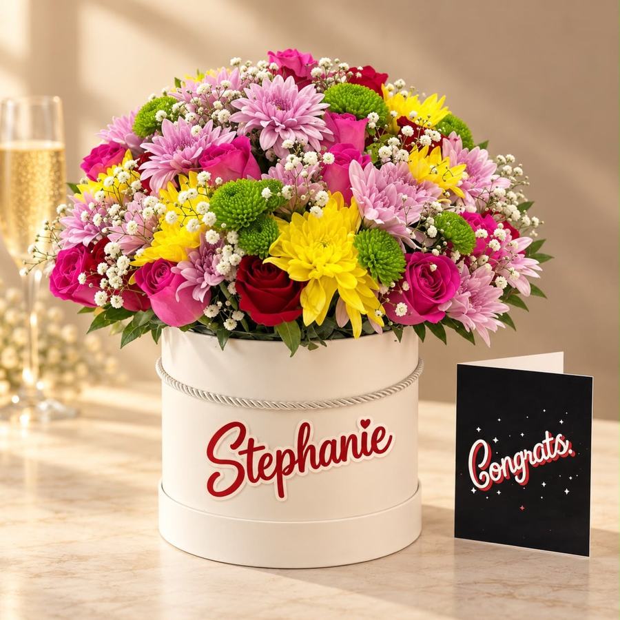 Confetti Bloom red roses and mixed mums in a cream round box with a Congrats card