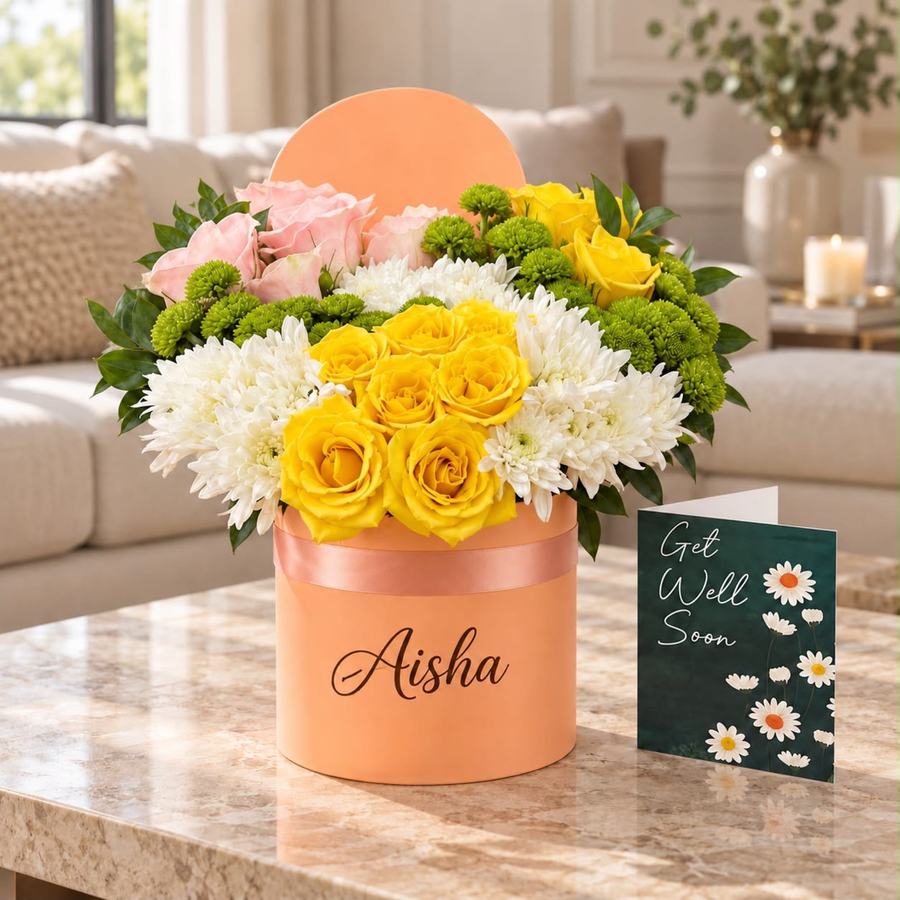 Blooms & Gifts Sunbeam Yellow Rose & White Mum Round Box with Get Well Soon Card