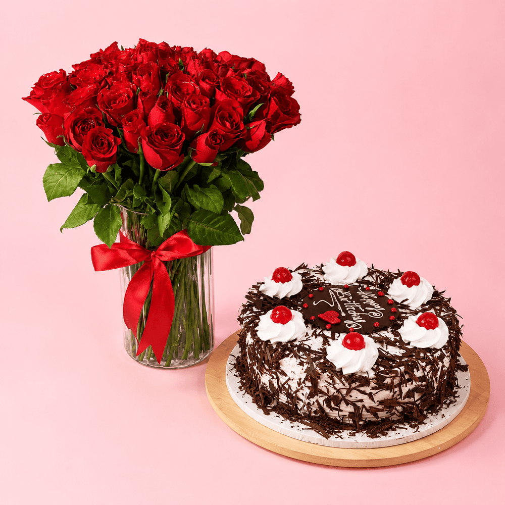 Blooms & Gifts 50 Red Roses in a Vase & Black Forest Cake