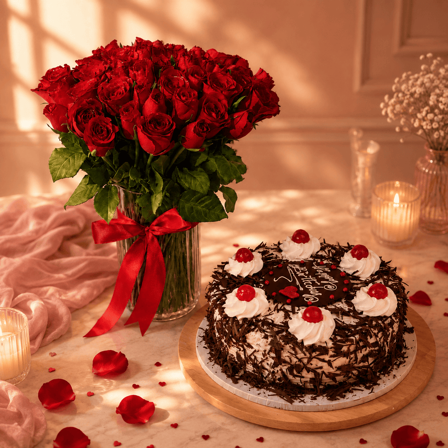 Blooms & Gifts 50 Red Roses in a Vase & Black Forest Cake