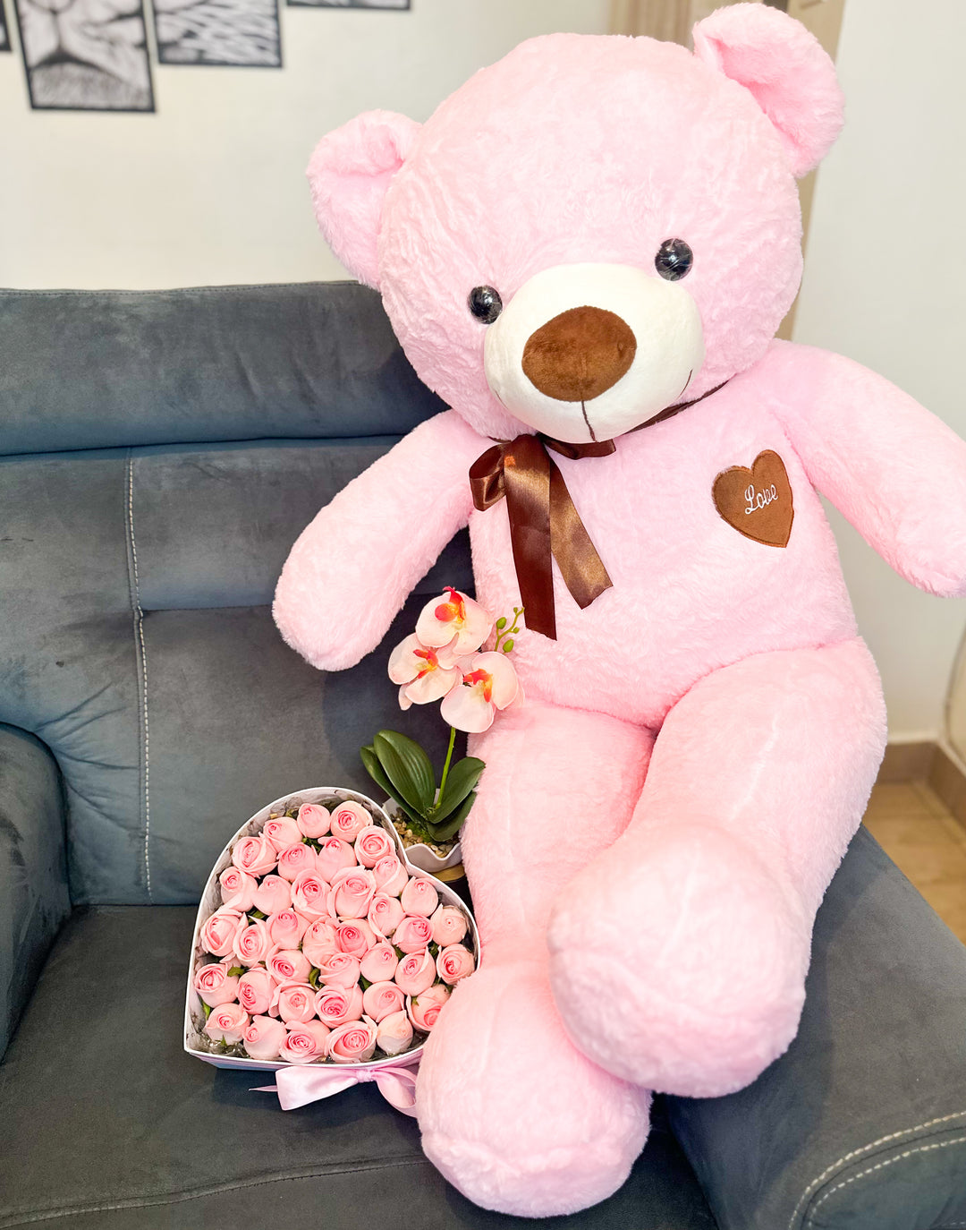 Pink Teddy with Heart Box of Blush Roses