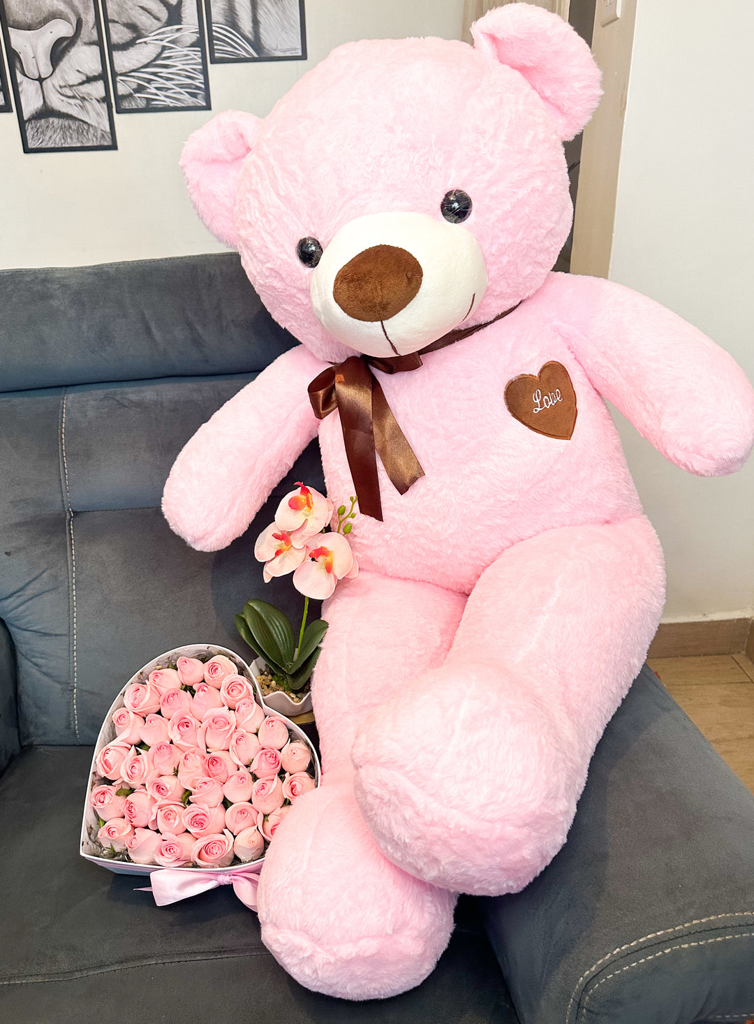 Pink Teddy with Heart Box of Blush Roses