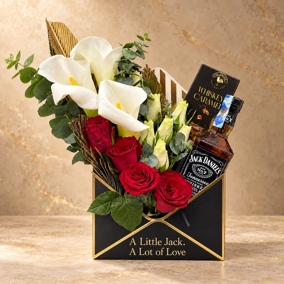 Blooms & Gifts A Little Jack Red Rose & Calla Lily Envelope Box with Jack Daniel's