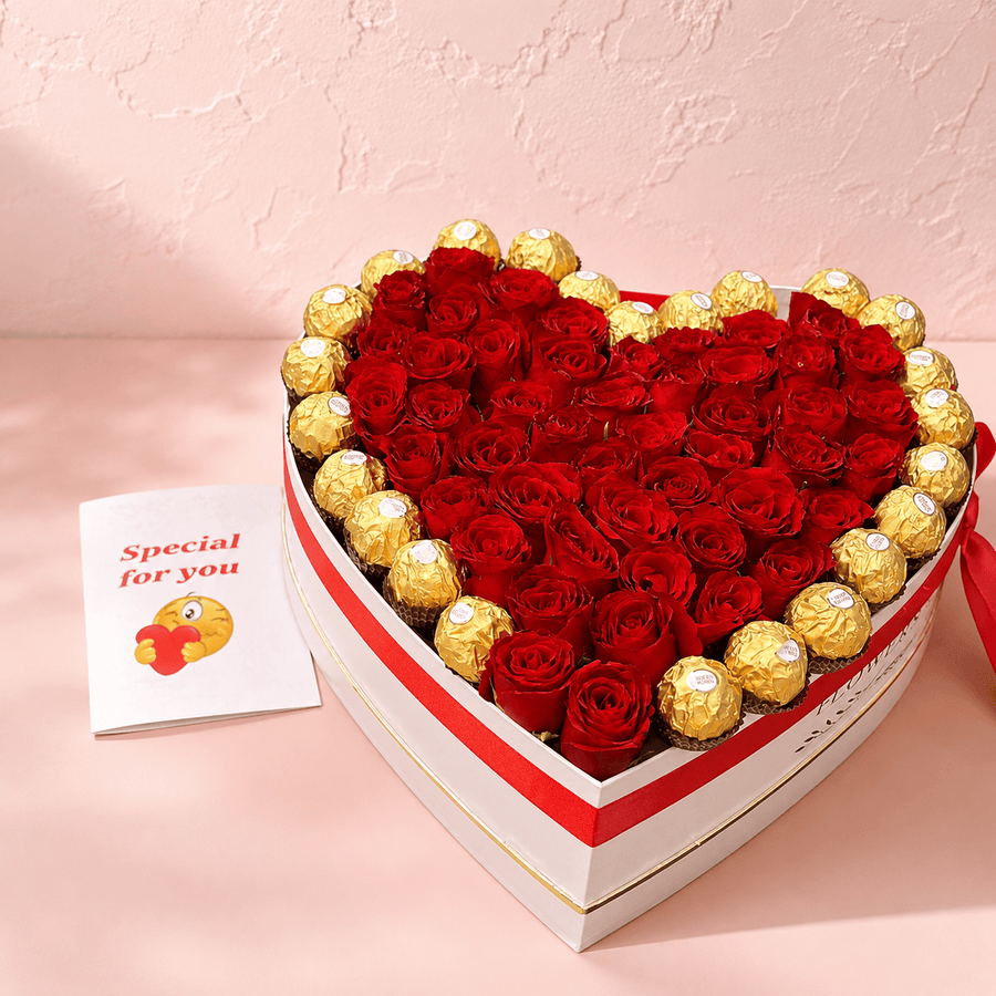 Blooms & Gifts Amore Royale White Heart Box, 100 Red Roses & Ferrero Rocher