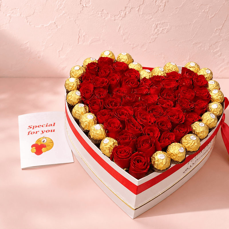 Blooms & Gifts Amore Royale White Heart Box, 100 Red Roses & Ferrero Rocher