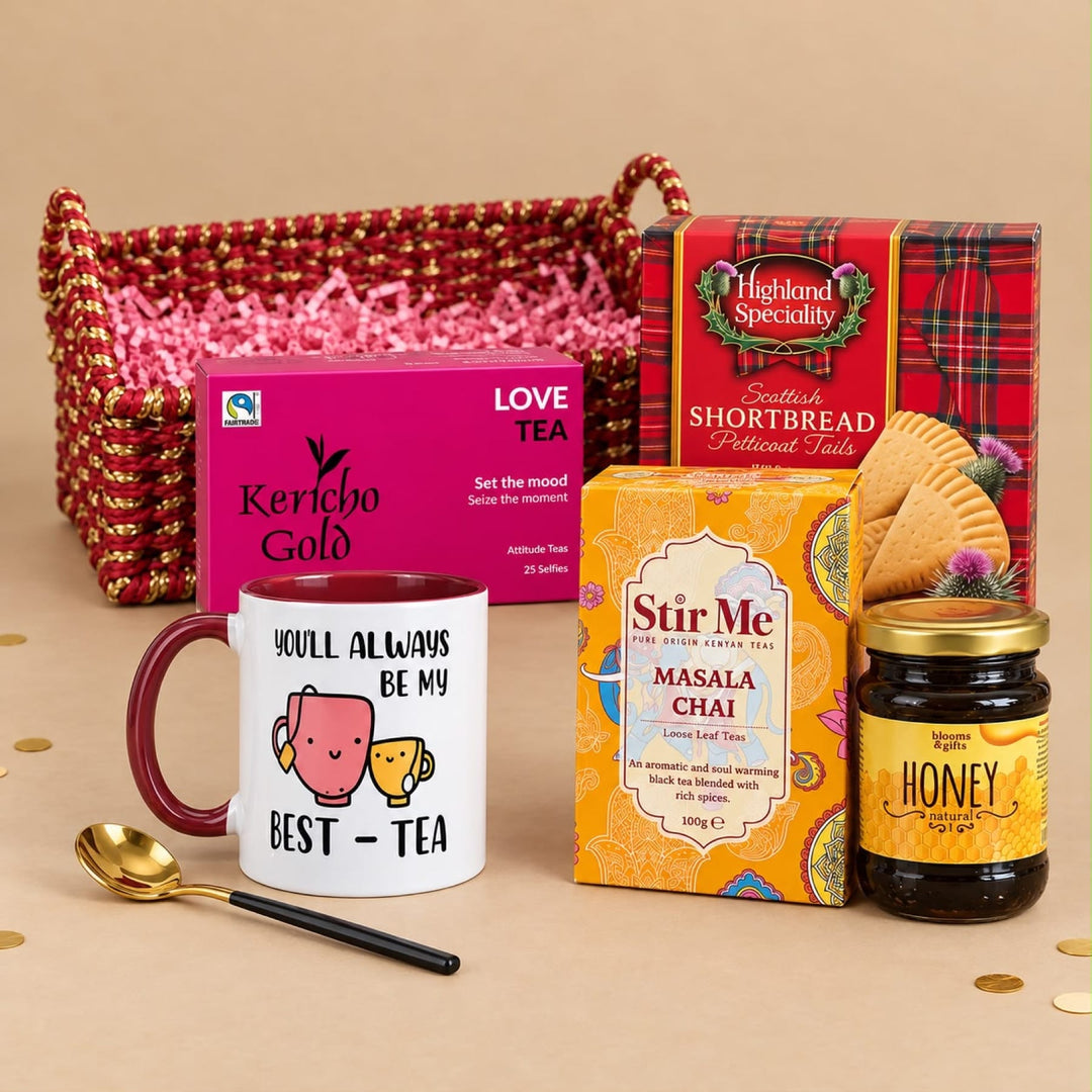 Blooms & Gifts Best Tea Ever Red Wicker Basket Hamper with Masala Chai, Honey & Shortbread
