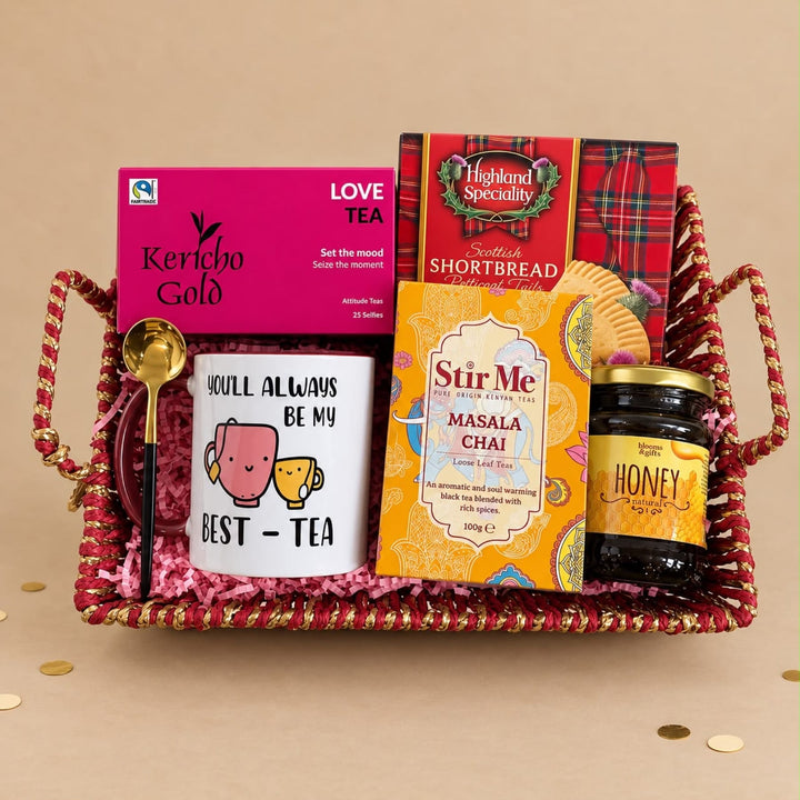 Blooms & Gifts Best Tea Ever Red Wicker Basket Hamper with Masala Chai, Honey & Shortbread