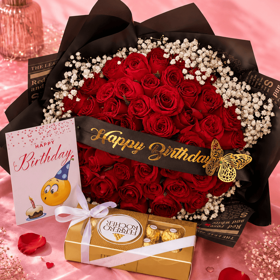 Blooms & Gifts Birthday Mojo, 60 Red Roses, Ferrero Rocher and Birthday Card