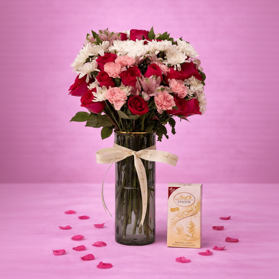 Blooms & Gifts Blush & Bold Roses Arrangement with Chocolate