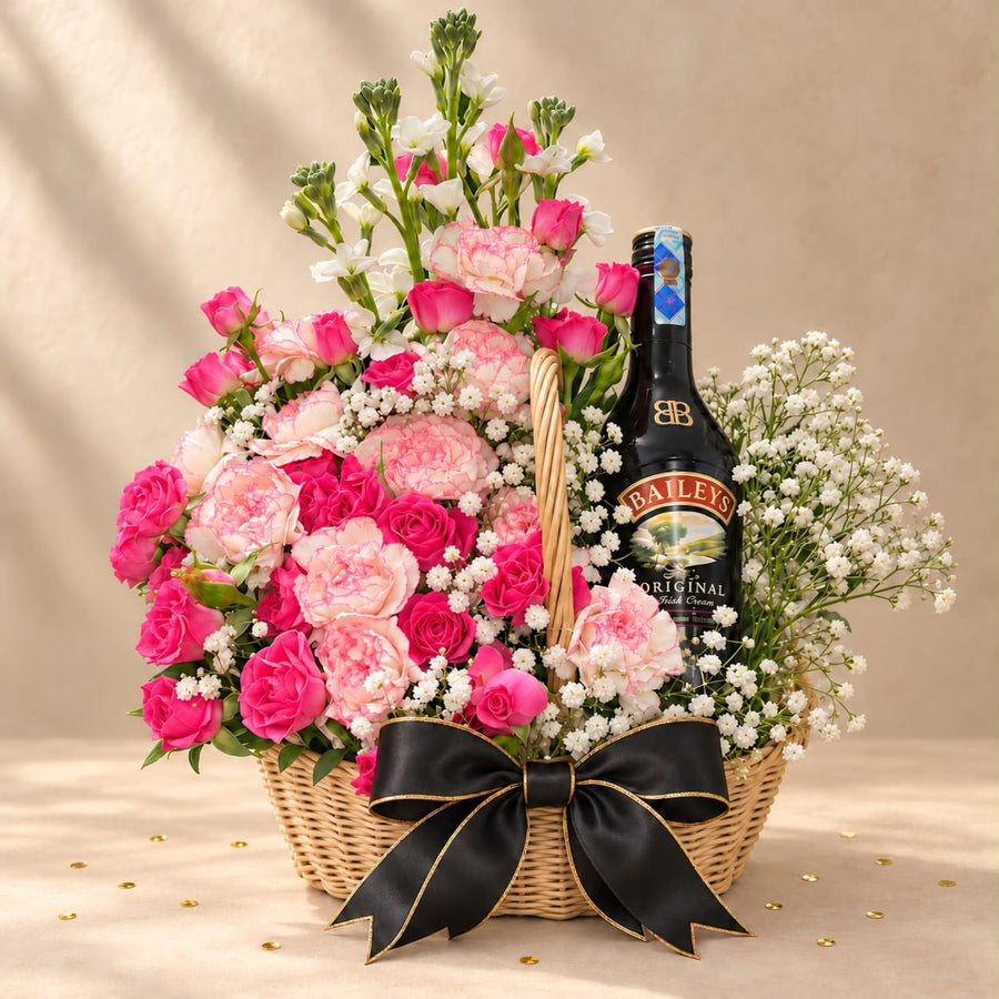 Blooms & Gifts Blush Bubbly Spray Rose, Carnation & Snapdragon Basket with Baileys