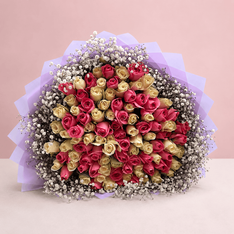 Blooms & Gifts Blush Garden – Baby Pink, White Rose & Baby's Breath Bouquet